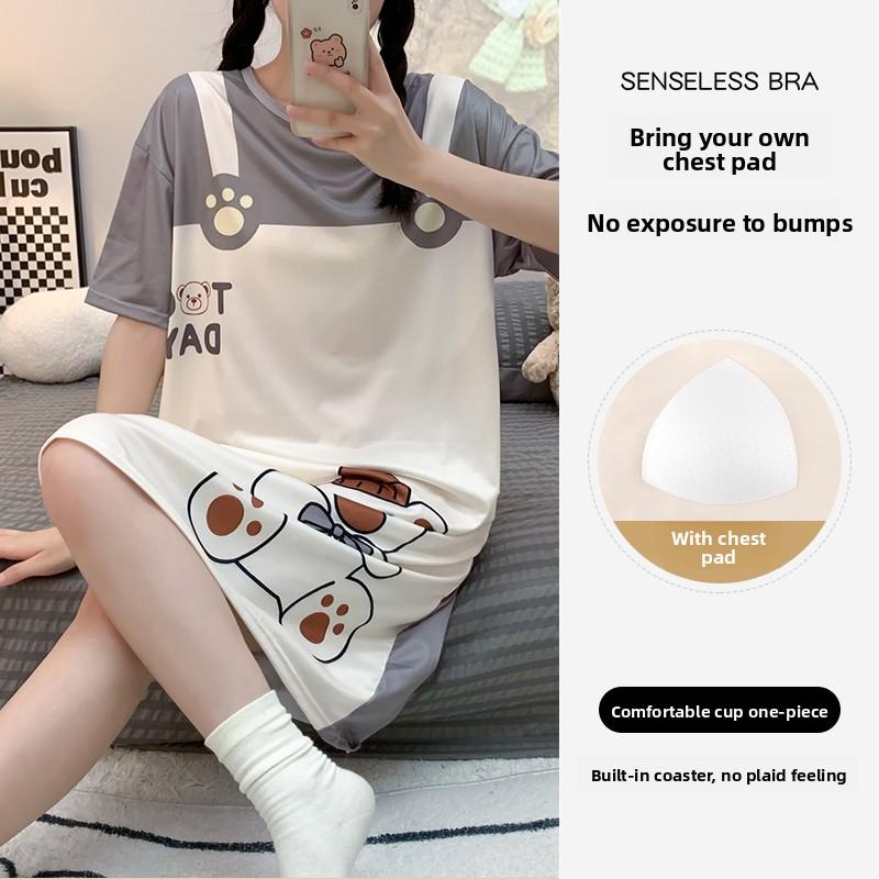 Summer Women Short Sleeve Nightgowns with Chest Pad Female cartoon Print Homewear young Girl Cute Nightdress casual loose Loungewear