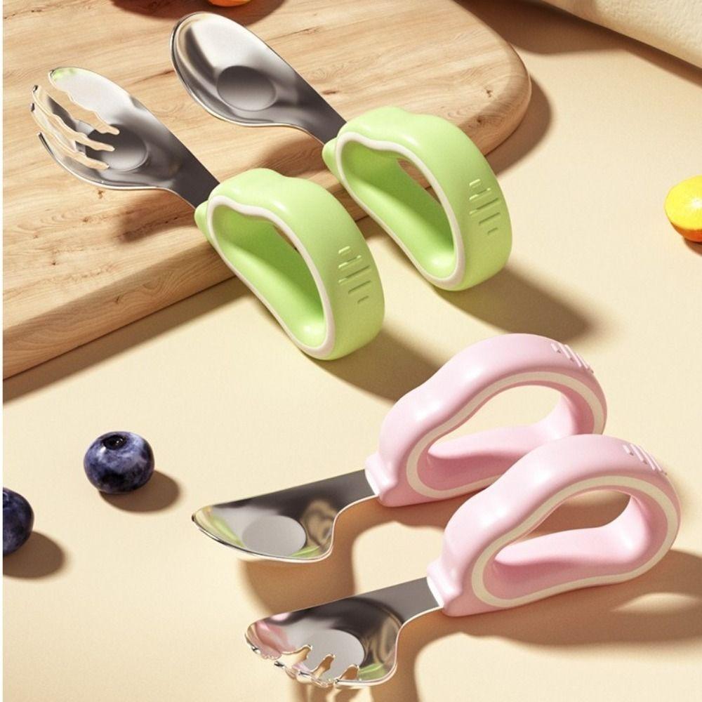 

2Pcs Self Feeding Baby Fork and Spoon Set Silicone Handle Child Tableware Toddler Learn To Eat зелений