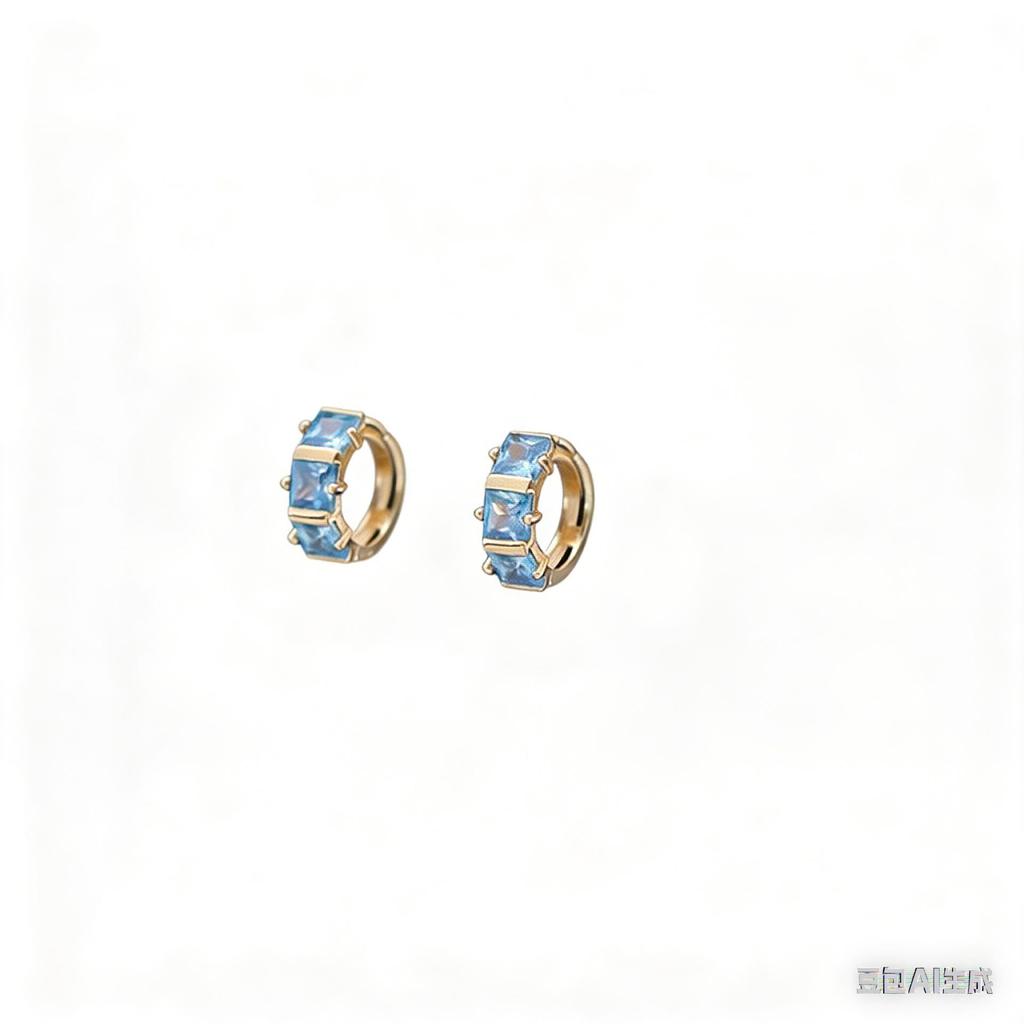 18K Gold-Plated S925 Sterling Silver Earrings, Geometric Blue Zirconia, Retro Versatile Design