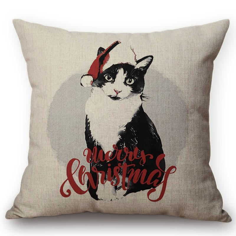 Christmas Decoration Cushion Cover Painting Cats Cute Throw Pillow Case Cotton Linen Home Decor Children'S Room New Year Gift
