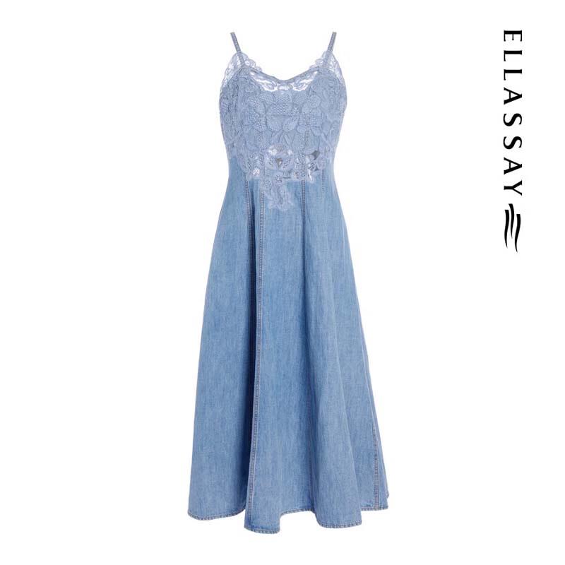 ELLASSAY Women's Elegant Cotton Linen Denim Suspender Midi Dress