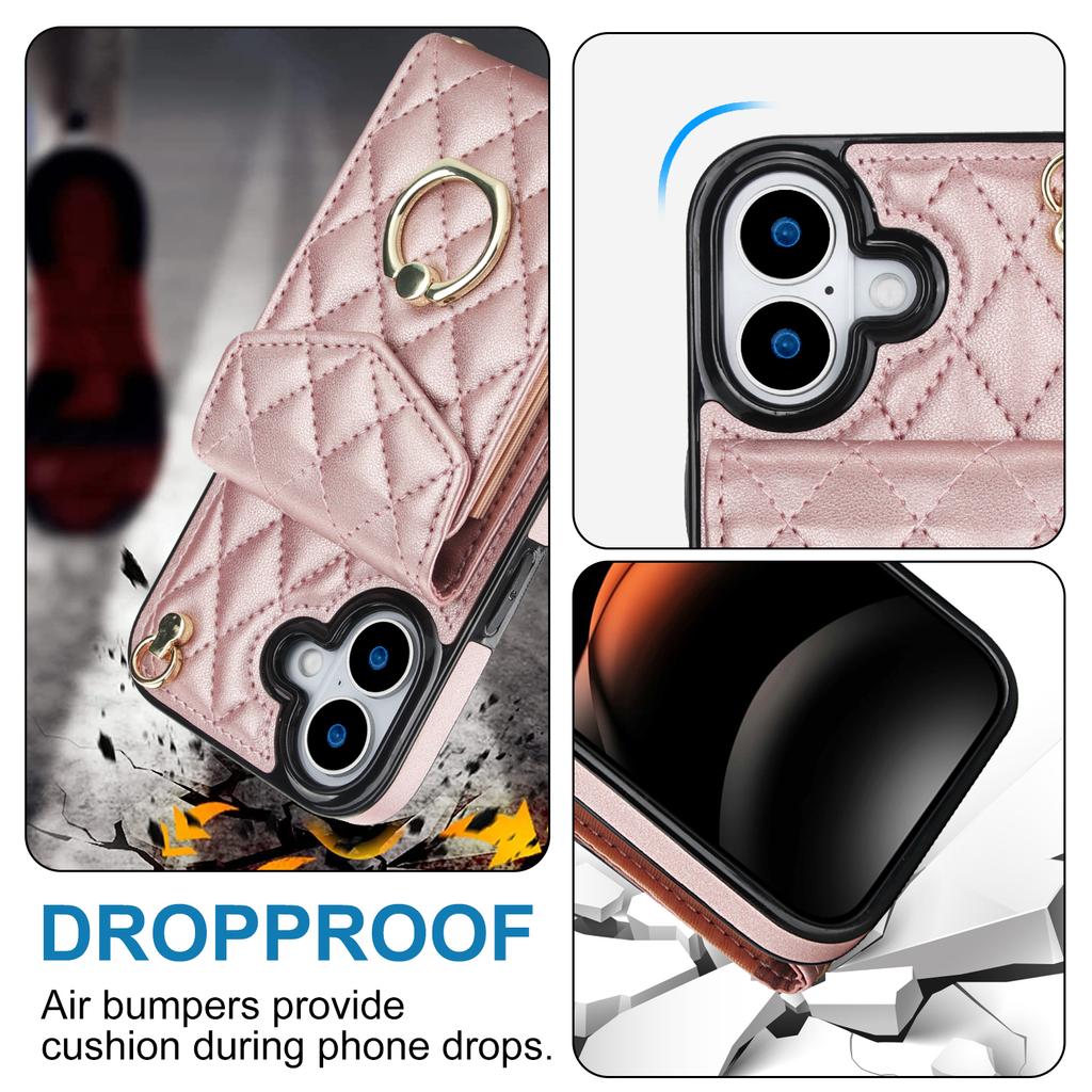 For iPhone 17 Case RFID Blocking Card Bag Leather + TPU Crossbody Phone Cover with Ring Kickstand