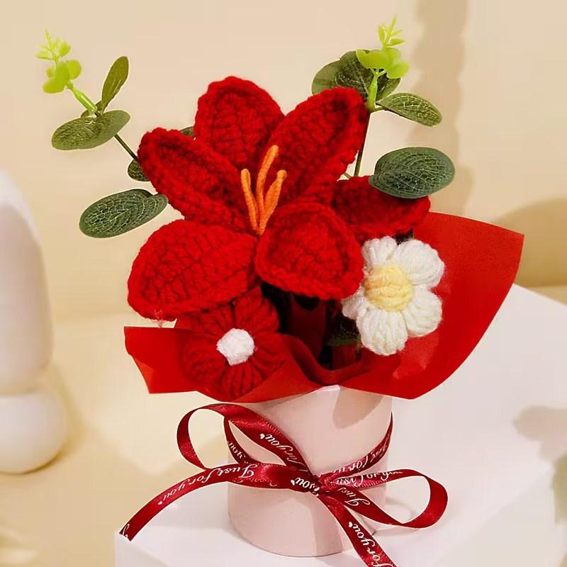 Knitted Flower Bouquet Finished Crochet Rose Bouquet Valentine'S Day Wedding Decor Handmade Artificia Flower Package Bag Gift