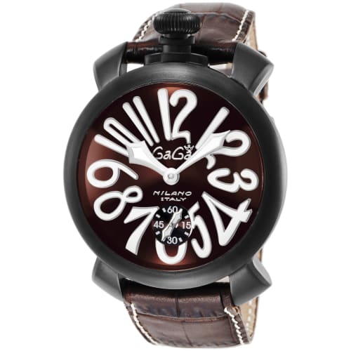 

GAGA MILANO Manuale Watch, Brown Dial, Stainless Steel (BKPVD) Case, Skeleton Back, Swiss Made, 501204S-BRW, Men s