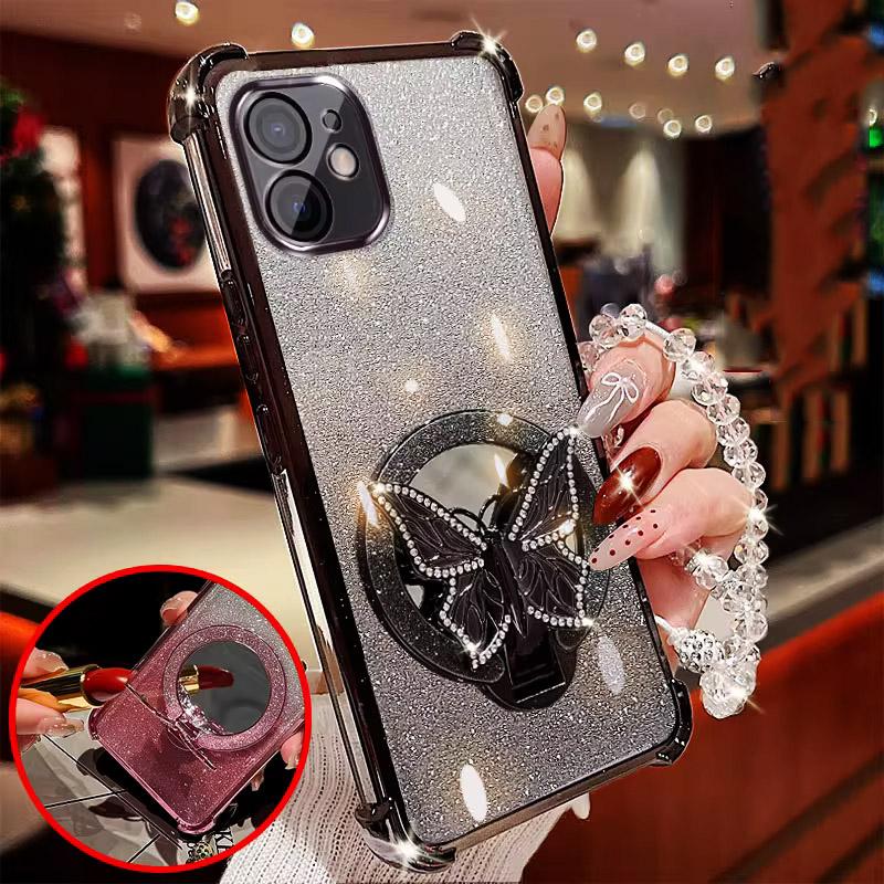 Mirror Butterfly Folding Stand Bracelet Phone Case For Samsung A56 A36 A26 A16 A06 S25 FE S24 Ultra S23 FE Plus Shockproof Cover