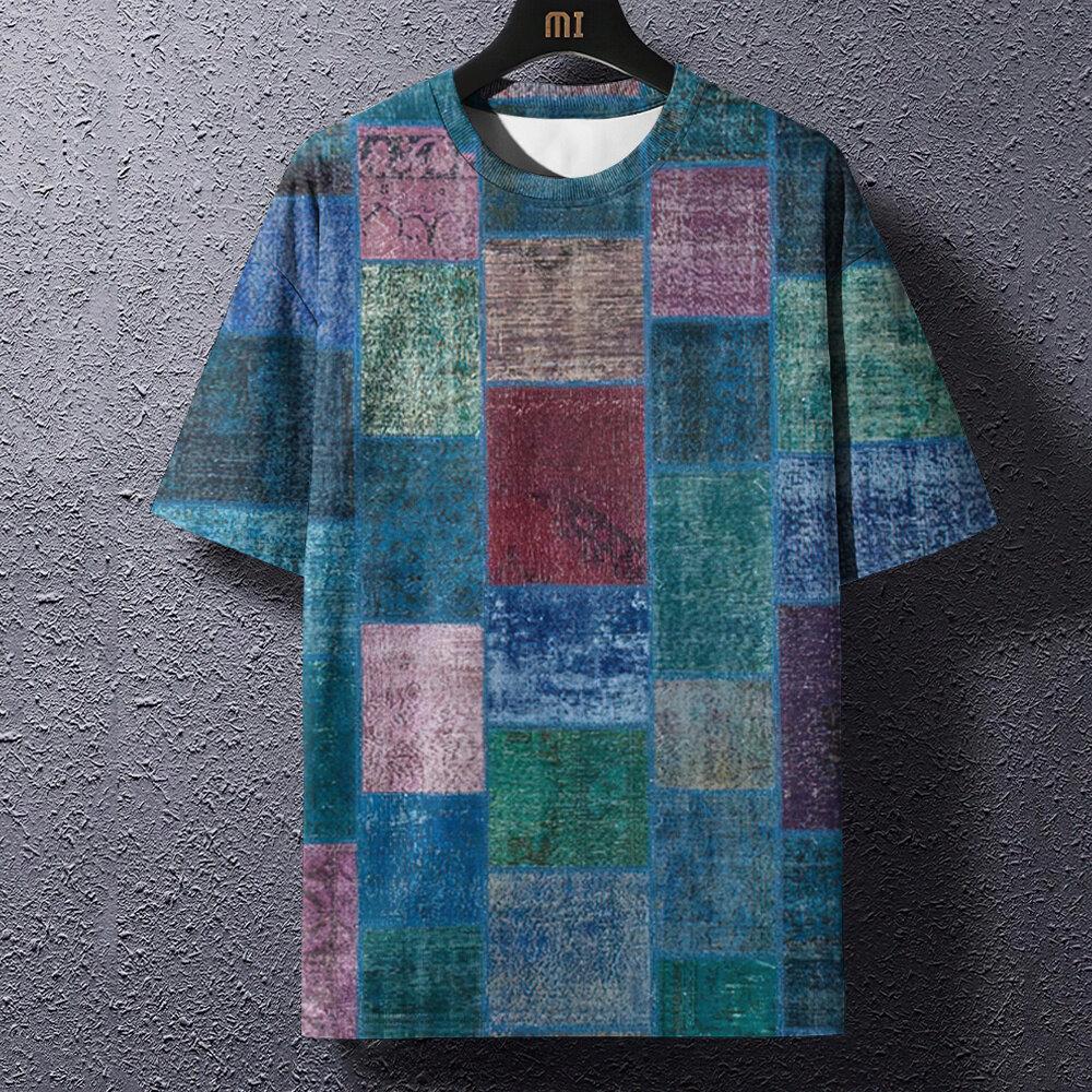 Retro pánské tričko kostkovaný potisk trička patchworkové oblečení kulatý výstřih krátký rukáv halenka nadměrná topy pánské Harajuku módní trička