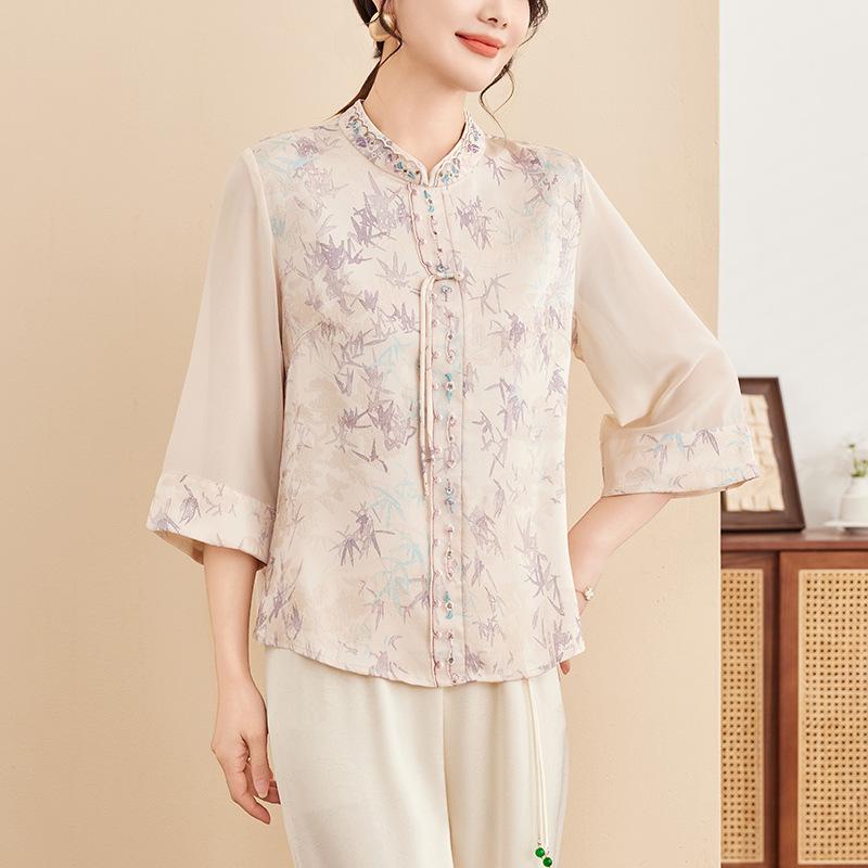 Elegant Spring/Summer Chiffon T-Shirt for Middle-Aged & Elderly Women - Stylish & Dignified Chinese Style XXXL