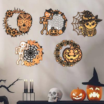 Halloween Door Sign Skeleton Ghost Cat Pumpkin Wooden Welcome Sign Spooky Wall Hanger Decoration for Front Porch Decor