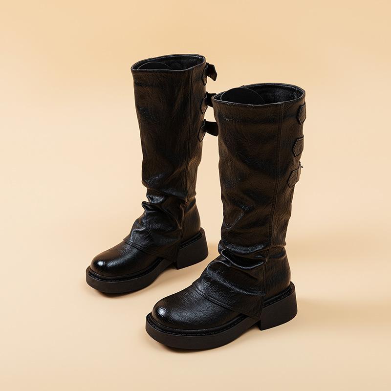 

British style high boots children 2025 new autumn and winter pleated knight boots thick-soled high boots women s pile student riding boots 35