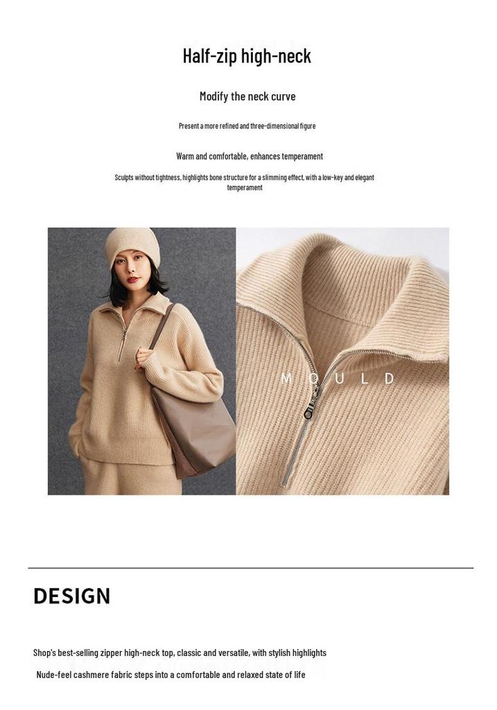 Women's Cashmere Floral Half-Zip Pullover - Autumn/Winter Lazy Style Knitwear