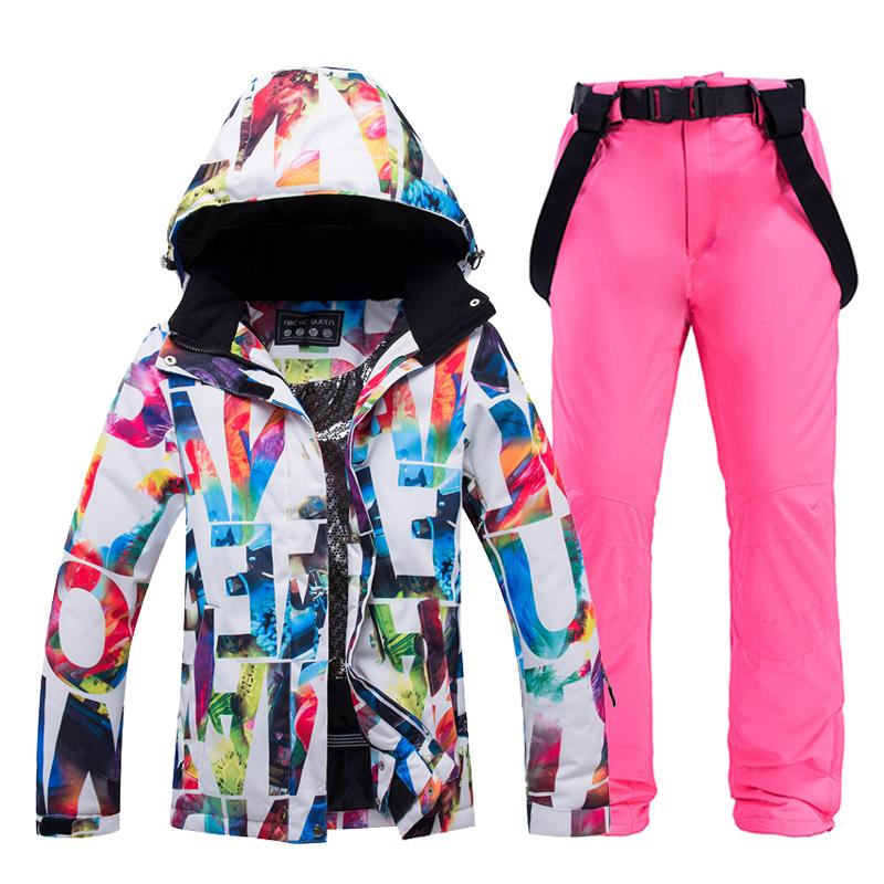 -30, Women Snow Wear Suit Sets, Snowboard Clothing, Waterproof, Winter Costume, Ski Jacket and Strap Pant, Belt Bibs for Female