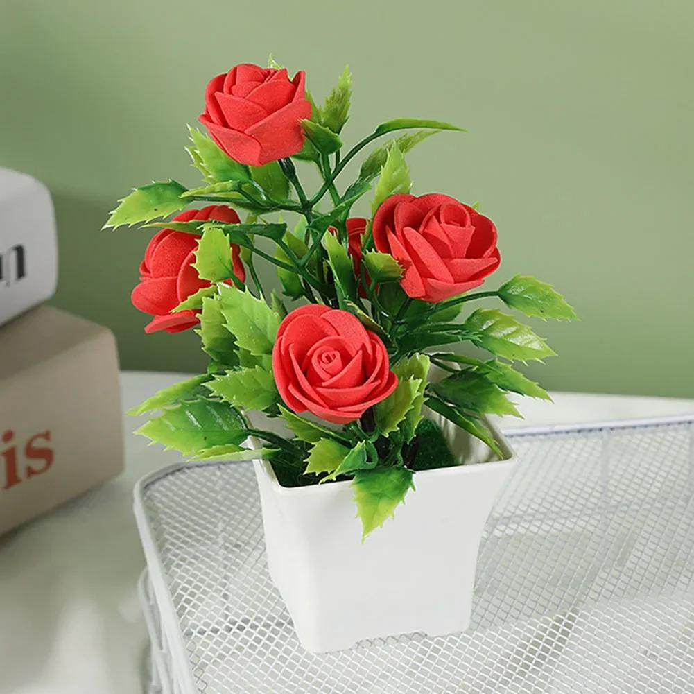 Simulated Potted Plant Artificial Rose Potted Plant Realistic Artificial Rose Bonsai Decor Set Vibrant Color For Home For Room