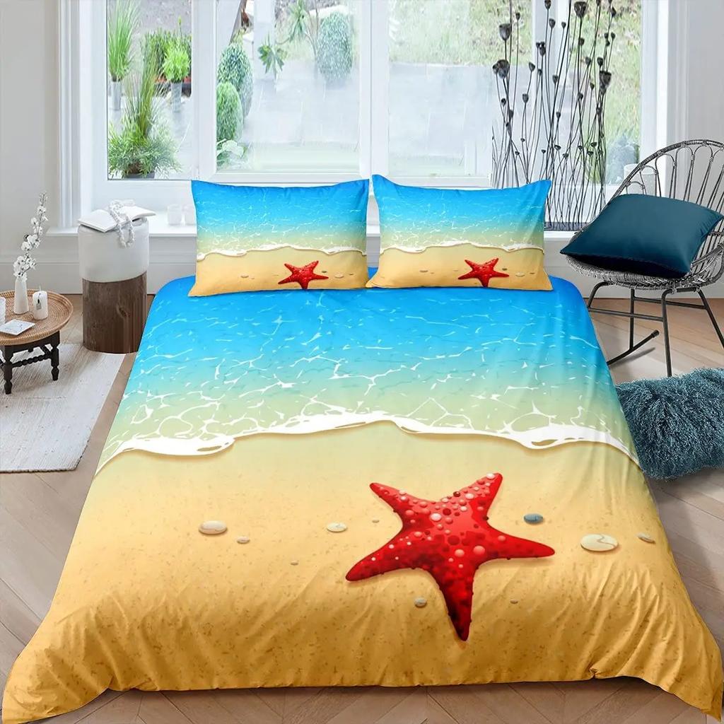 Starfish Duvet Cover Set Summer Beach Seashell Starfish Twin Bedding Set Polyester Hawaiian Tropical Nature Sea King Quilt Cover