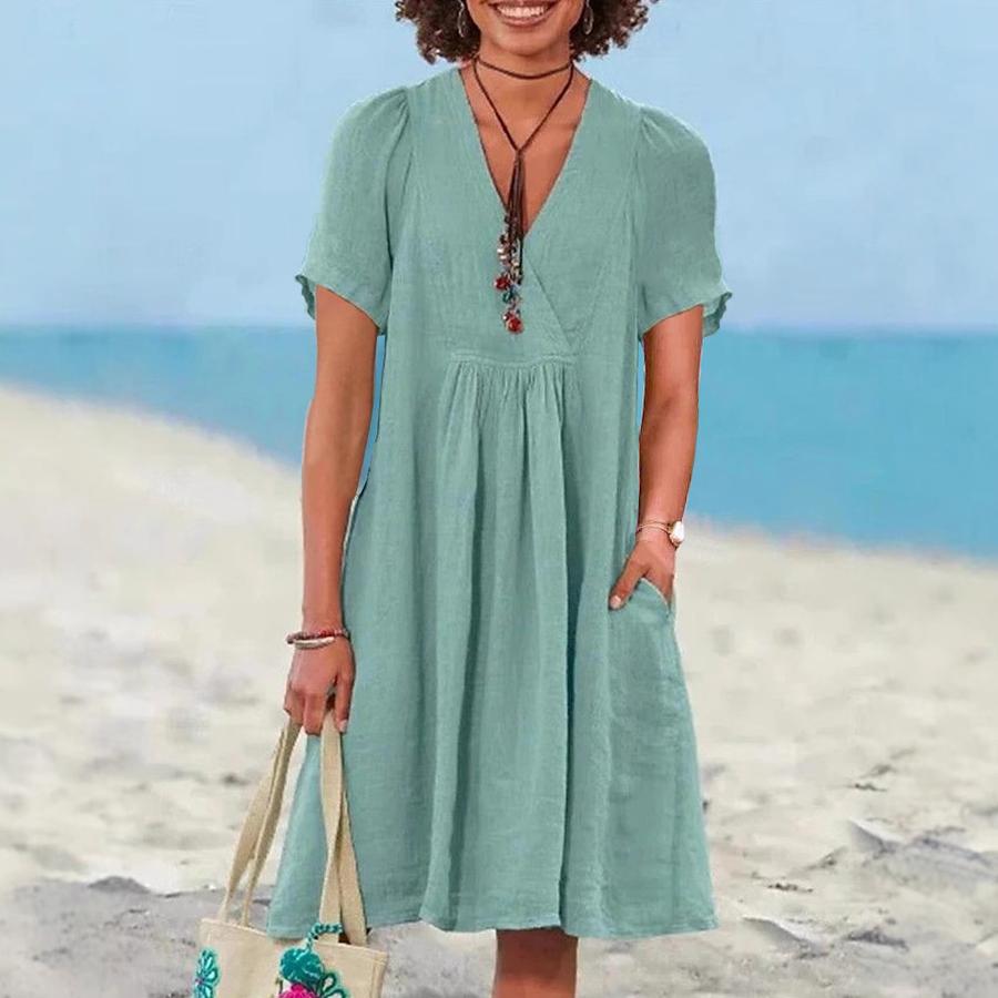 Nuovo Vestito Estivo Casual da Donna Lento Moda Retro Cotone Lino Manica Corta Scollo a V Ruffled