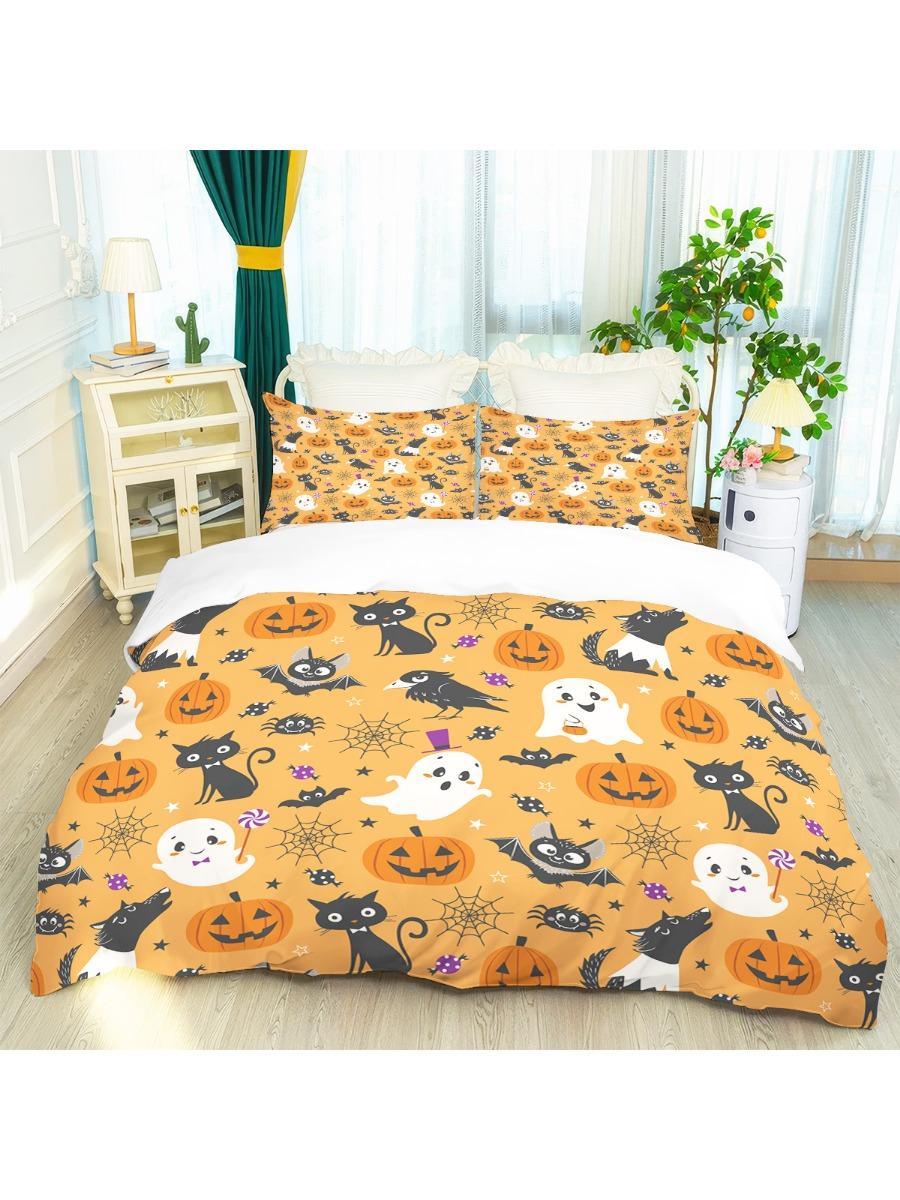 

3pc Halloween Evil Pumpkin Printed Chipless Quilt Set Multi Size Dormitory Bedroom Soft and Comfortable Machine Washable 135x200cm-EU-Single&set
