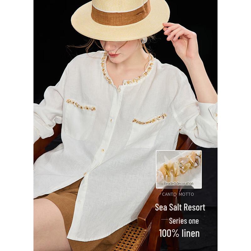 Women s Elegant 100% Linen Beaded Loose Summer Shirt L грязно-белый