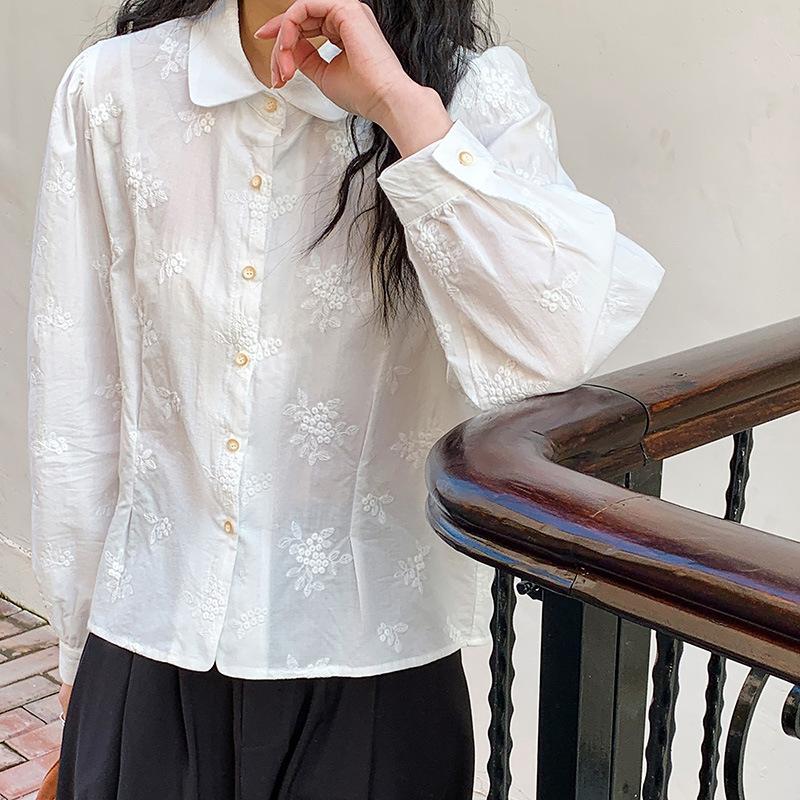 Blouse Womens Spring Clothing Updated Cotton Lapel Embroidered Top Sweet Relaxed Fit Young Age Reduction M
