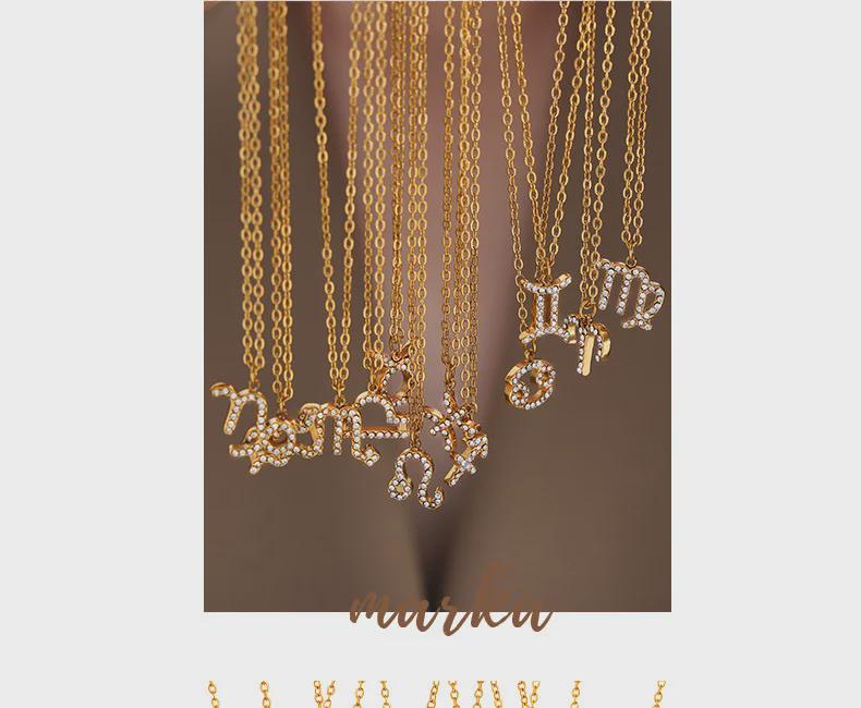 Custom Fashion Gold Titanium Steel Necklace with Zodiac Pendant and Rhinestones