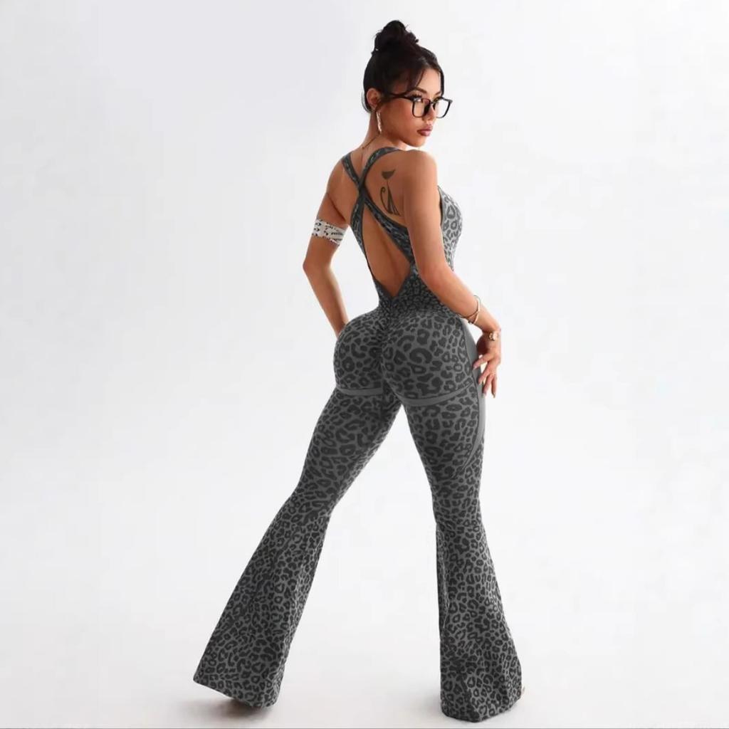 Neuer Jumpsuit mit Kreuzrücken und Leopardenmuster, ausgestellte Hosen, nahtlose Yogahose für den täglichen Gebrauch und Outdoor-Sportarten