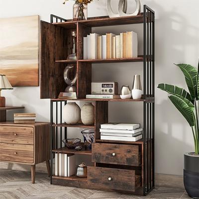 Bookcase, 6 Shelf Bookcase with Doors And Drawers Floor To Ceiling Bookcase, Industrial Bookcase, Steel Shelf,