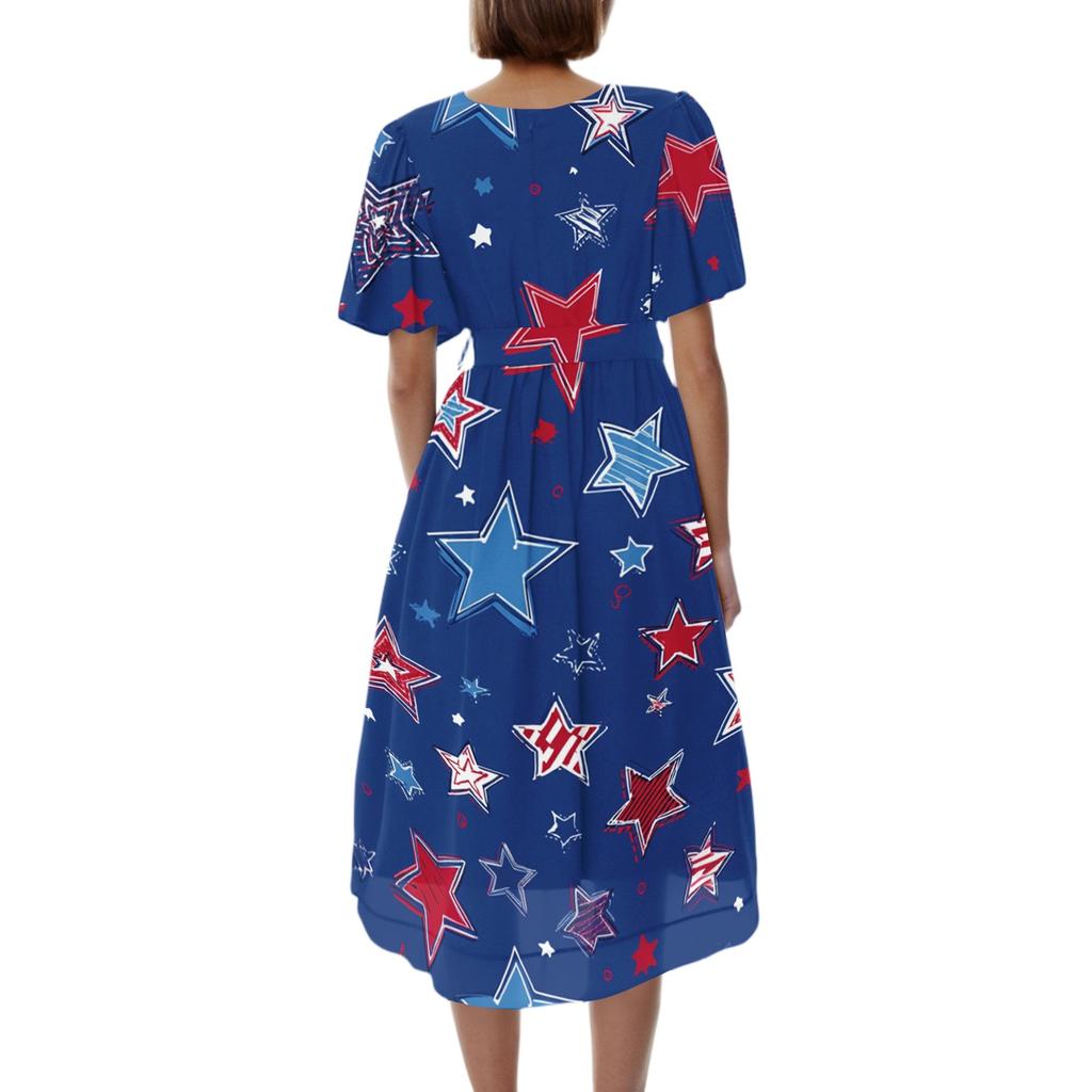 Women V Neck Short Sleeve Casual Dress Independence Day Star Print Wrap Midi Dress with Tie Waist Summer Party Dress