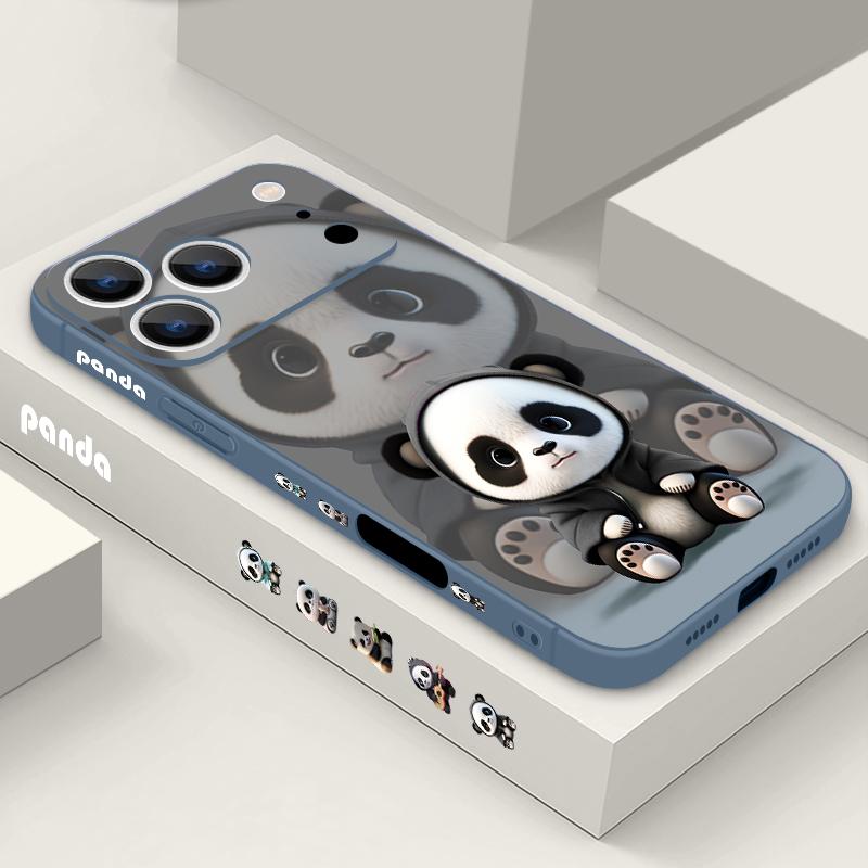 For iPhone 17 Pro Max Case Black Coat Panda Pattern Soft Silicone Lanyard Cover For iPhone 16 Pro Max Cover iPhone 15 14 13 12 11 16E Air