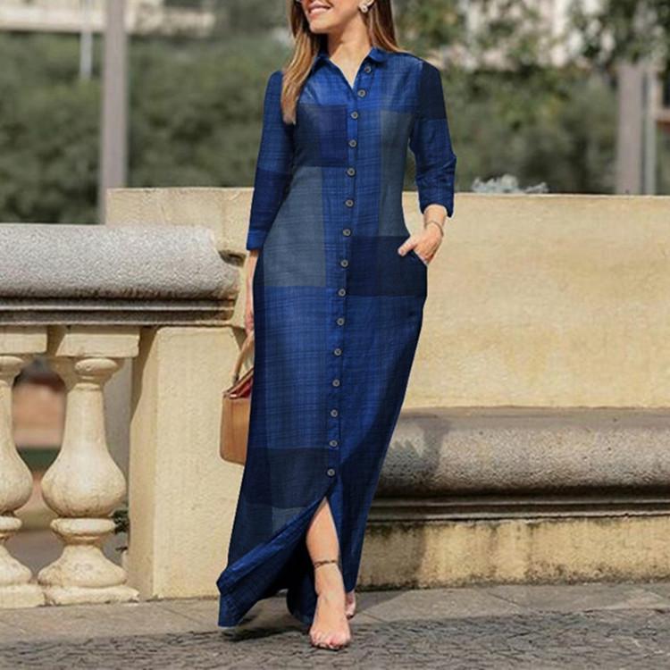 

Повседневное европейское и американское клетчатое платье-рубашка с длинным рукавом и лацканами L синий