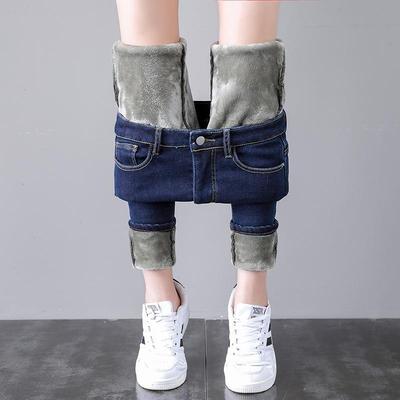 Damskie dżinsy stretch z wysokim stanem, podszyte polarem - Jesień/Zima 2021, z dodatkiem bawełny, długie spodnie o kroju slim fit.