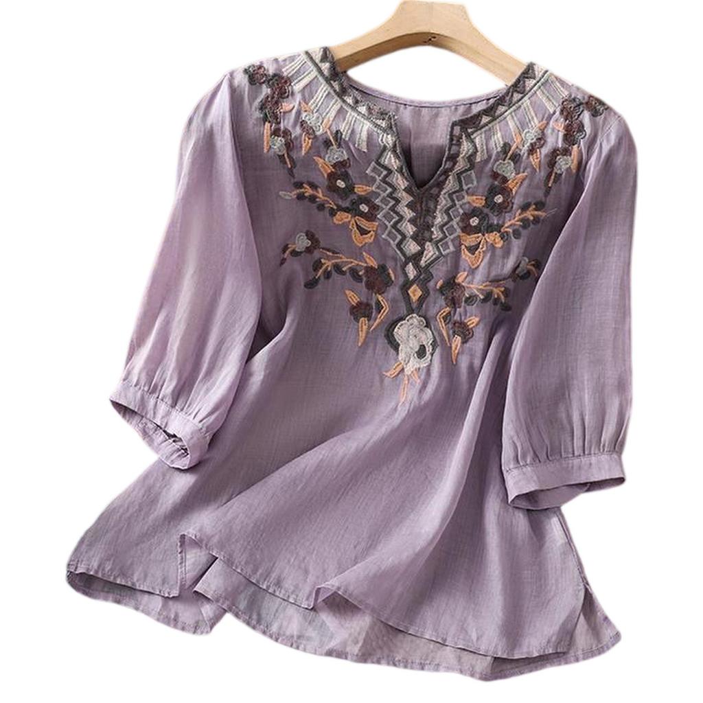 Women's Vintage Inspired Relaxed Fit Embroidered Cotton Linen Blend V-Neck Blouse With Mid Length Sleeves