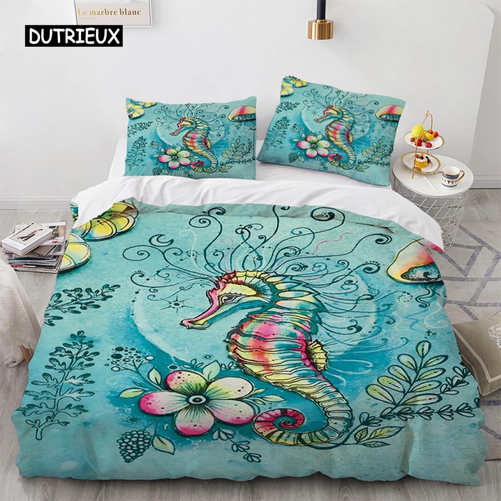 Seahorse Bedding Set Ocean Animal Duvet Cover Underwater World Orange Coral Marine Life Sea Urchin Soft Women Kid Bedroom Decor