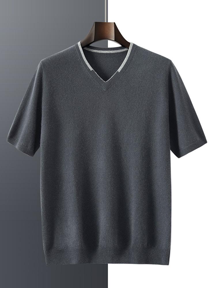 Men's V-neck Cashmere Sweater: Autumn/Winter Short Sleeve, Loose-Fit Knitwear, Color Block Half Sleeve, Casual and Trendy.