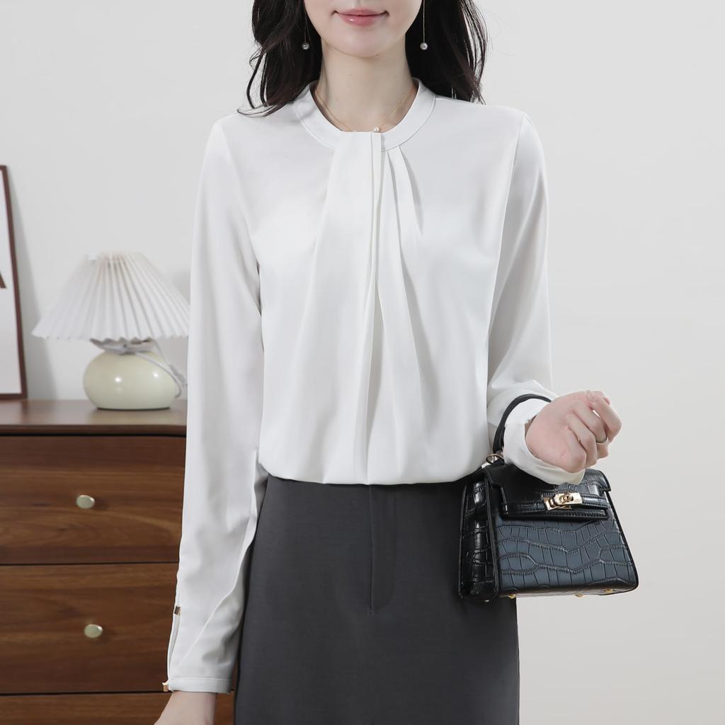 Sueeya Tuck Gathered Puff Sleeve Long Office Entrance Ceremony Women's Blouse, Top, Sleeve, Wear, Elegant, Versatile, Cute, Formal, Office, Commuting,