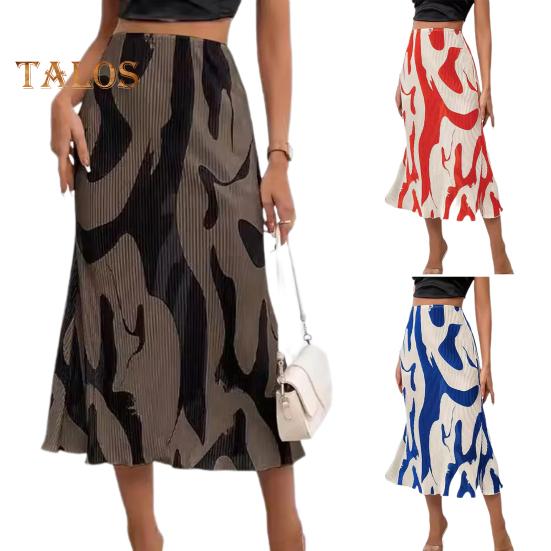 Skirt Fishtail Geometric Women Print Aline Skirt High Waist Large Hem Ribbed Office Lady Skirt Workwear