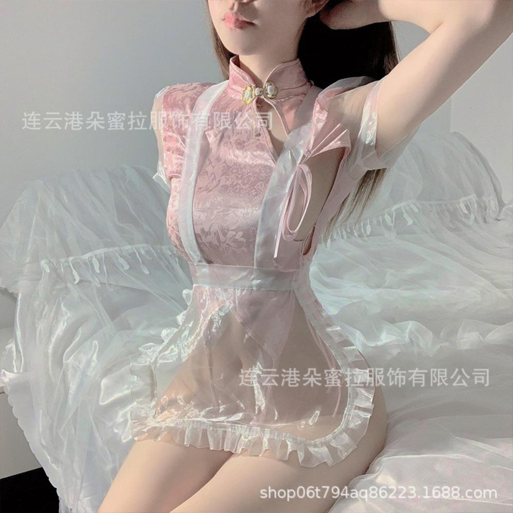 Domila Sexy Lingerie Retro Cheongsam Women Slim High Split Apron Sexy Hollow Uniform Seduction Suit