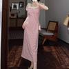French red plaid dress women's summer new small man huge good-looking beautiful waist pinch dress