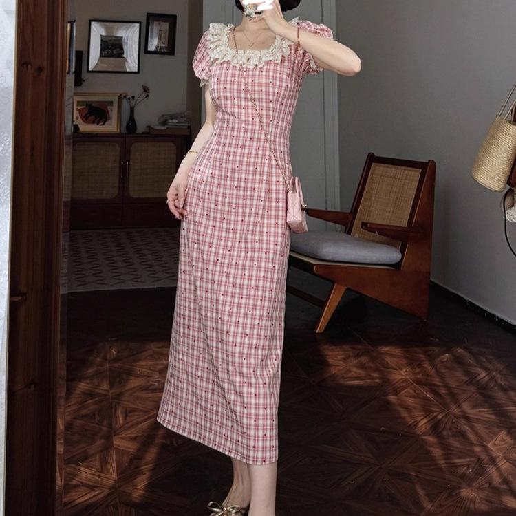 French red plaid dress women's summer new small man huge good-looking beautiful waist pinch dress