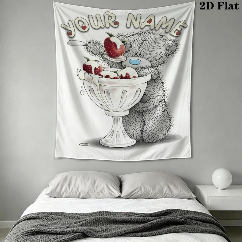 Custom Name Tatty Teddy Ice Cream Wall Tapestry Aesthetic Wall Hanging Printed Fabric Blanket Decorative Tapestries for Bedroom Living Room Home Decor