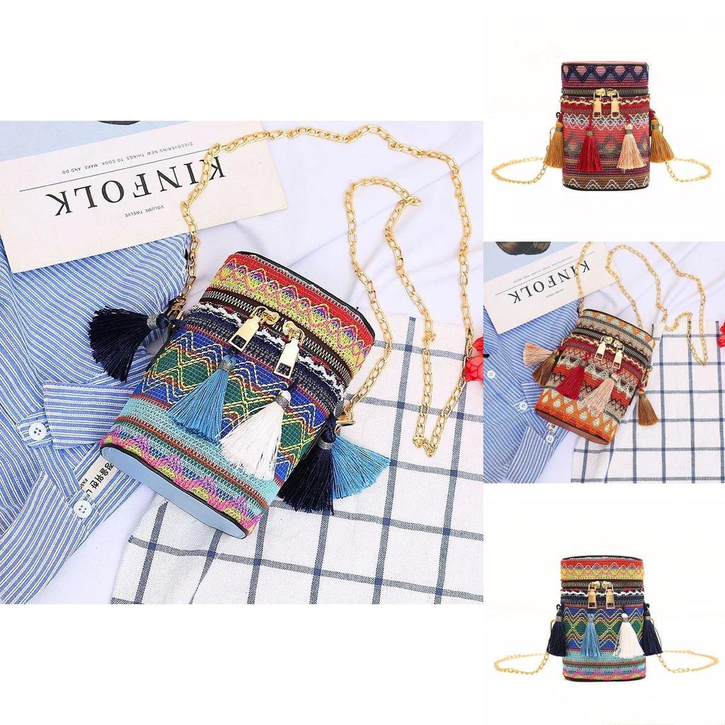 Bohemian Fashion Colorful Woven Texture Bucket Bag With Tassel Accents And Certificate Pocket For Casual Outings