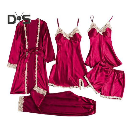 

Женский пижамный комплект из 5 шт./компл., ночная рубашка, ночная рубашка, топ, шорты, комплект из шелковистых атласных кружев, лоскутный комплект, свободный комплект домашней одежды со шнуровкой на талии, тонкий женский комплект домашней одежды M вино кр