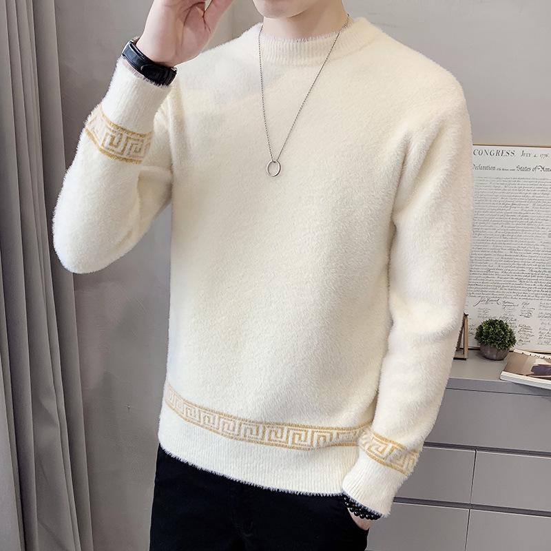 Men's European Jacquard Trend Crew Neck Faux Mink Cashmere Slim Fit Sweater