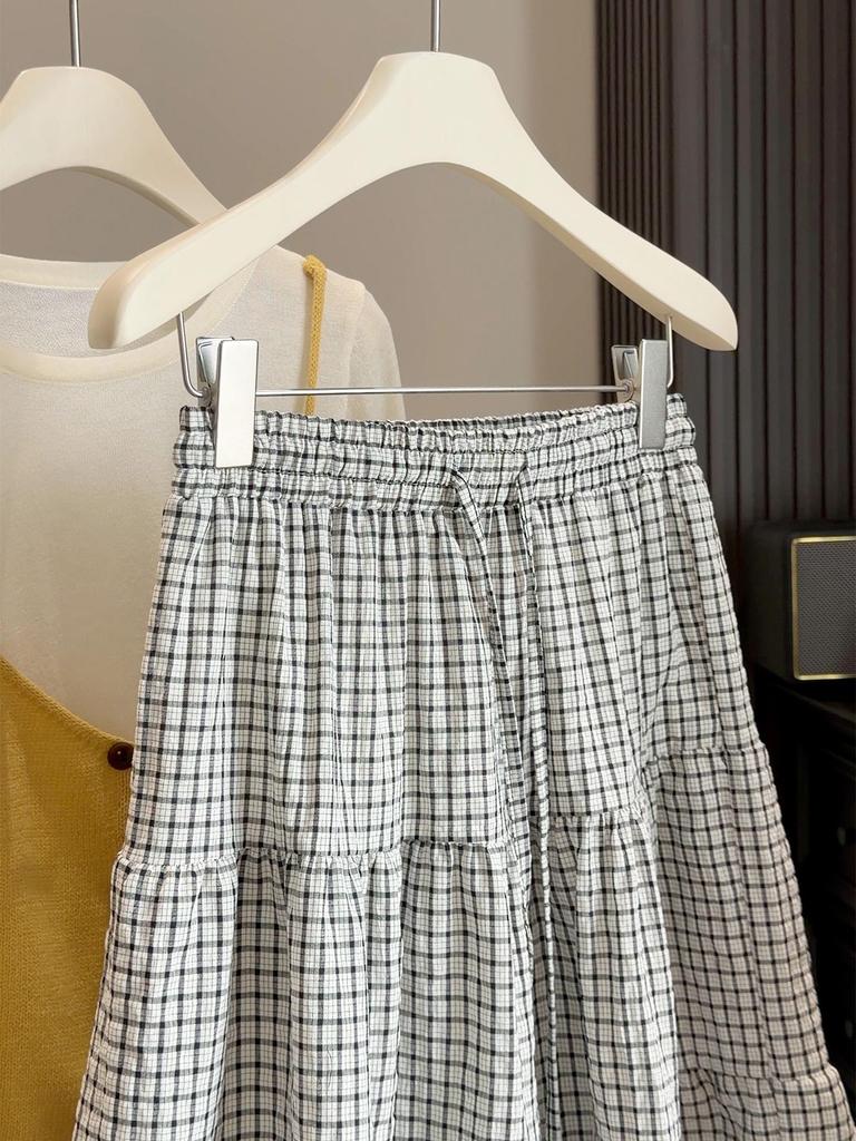 Women's Spring-Summer Plaid Lace-Up A-Line Skirt - Elastic High Waist, Slimming Fit