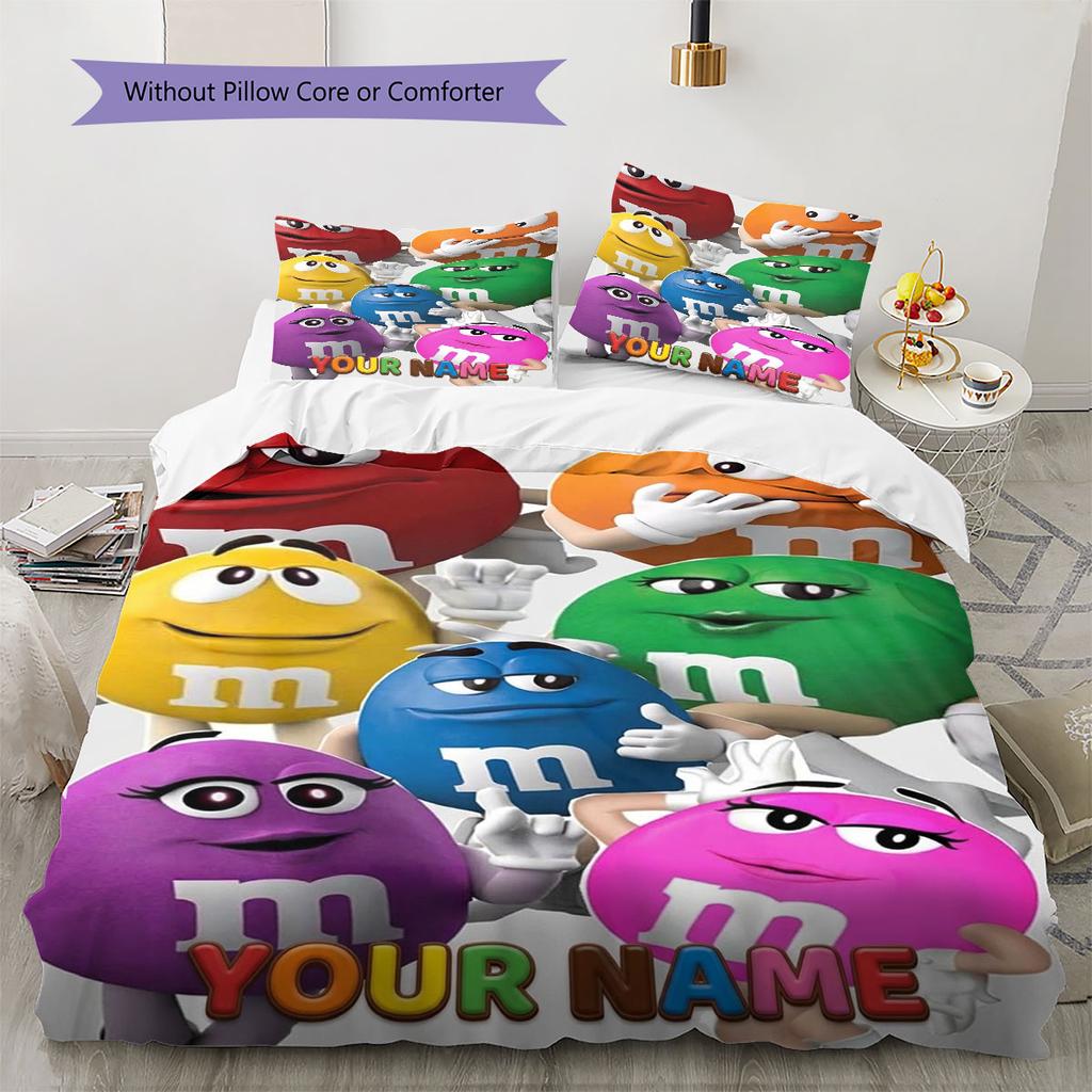 M&M's Bettwäsche mit individuellem Namensmuster, Steppbett-Set, Bettbezug, Kissenbezug, Heim-Geburtstagsgeschenk(1 Bettbezug + 2 Kissenbezüge, ohne Füllung)