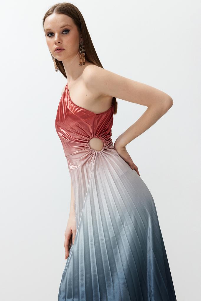 Women's Dress New Season Fashion Multicolored Asymmetrical Knitted Pleat Detailed Satin Stylish Evening Dress