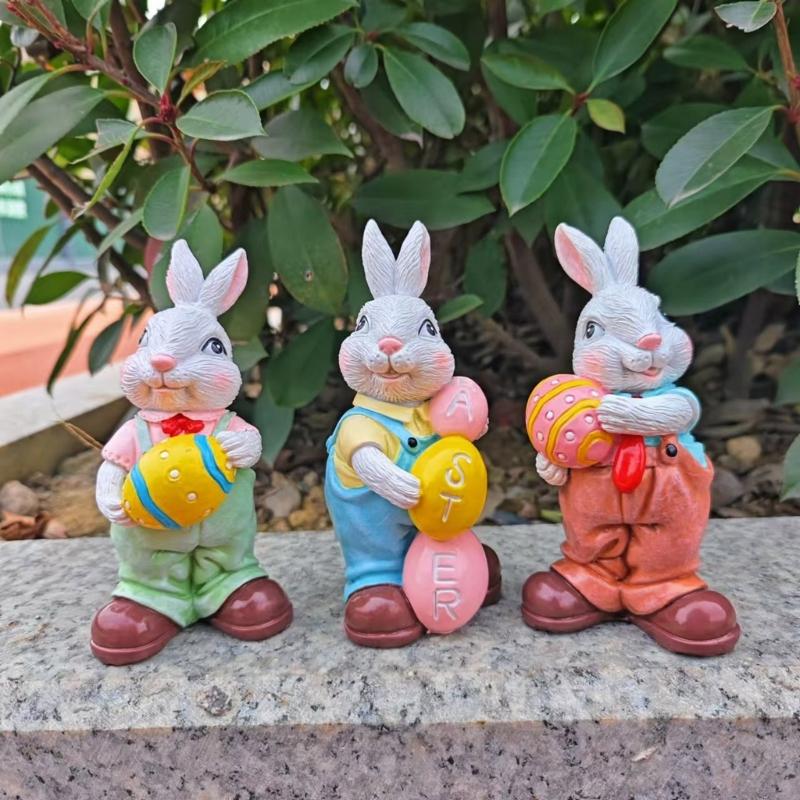 Easters Rabbit Sculpture Colorful Bunnies with Eggs Resins Figurine Statue Ornament for Home and Garden Decoration Gift