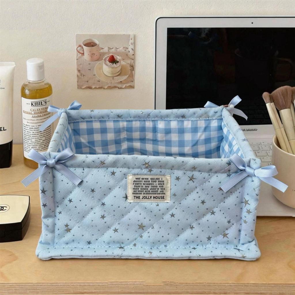 Korean Pink Plaid Quilted Storage Basket - Aesthetic Living Room & Bedside Organizer