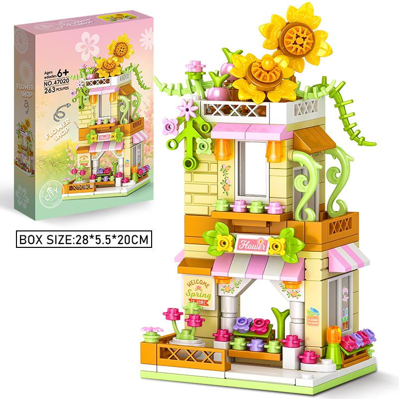 Stadt Bausteine Blumenladen Sonnenblumenladen Hausmodell Set Desktop Deko Kinder DIY Spielzeug Weihnachts- Geburtstagsgeschenk
