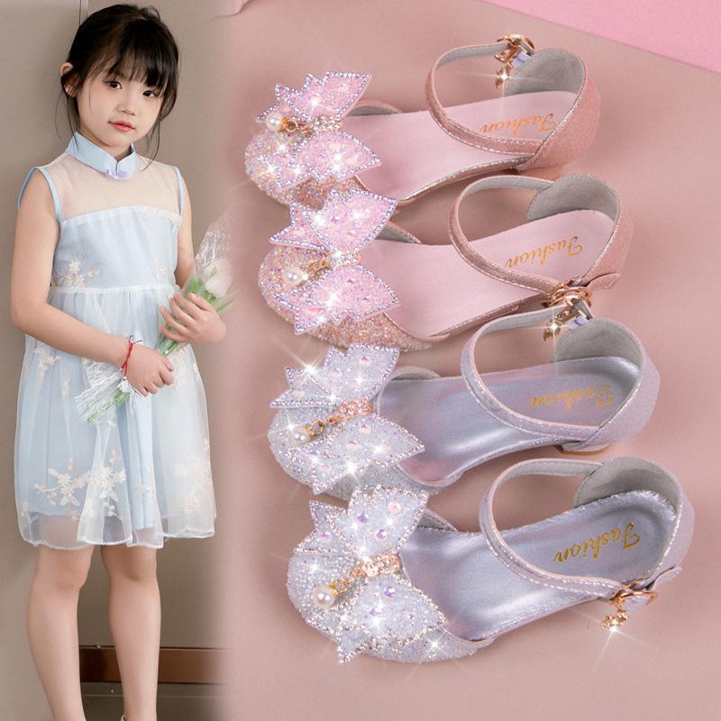 Girls Dance Shoes High Heels for Wedding Party Kids Half Sandals Sweet Bows 2025 Summer New Children Princess Shoes Shiny Sequin