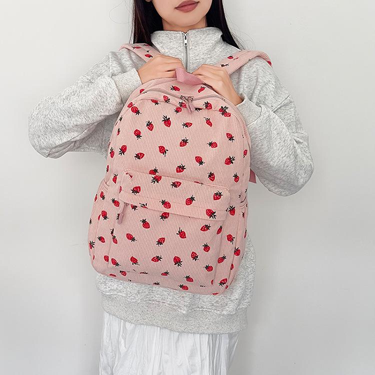 Korean Style Corduroy Strawberry Backpack for Trendy College Girls