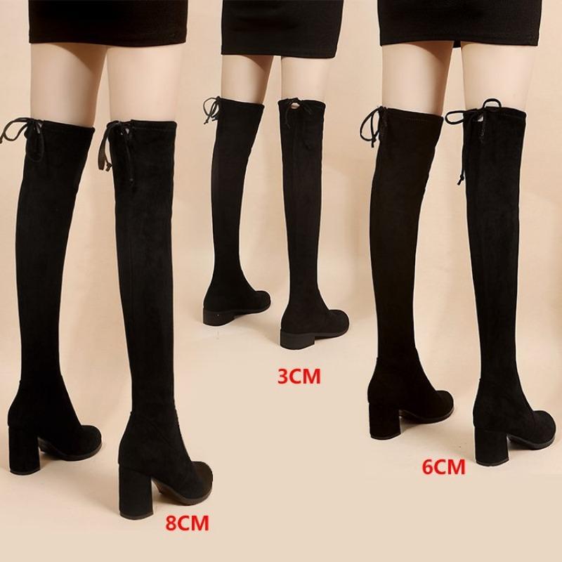 Autumn Faux Suede Women Heels Zipper Elastic Knee High Boots Women Tube Lace-up Thigh Gigh Boots Black Botas Mujer Female
