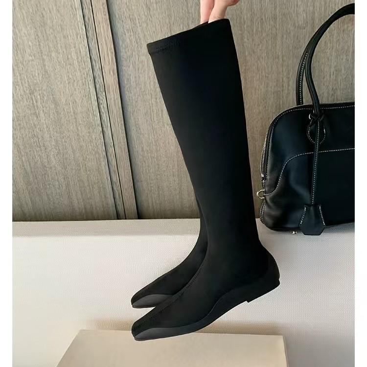 Fårskinn Druvmamma Samma Fyrkantig Tå Höga Stövlar Dam Ridstövlar Platt Botten Stövlar Elastiska Stövlar Sockstövlar Staplade Stövlar